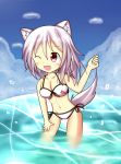  1girl animal_ears bare_shoulders breasts cleavage collarbone inubashiri_momiji mound_of_venus navel ocean one_eye_closed short_hair silver_hair solo tail touhou water wolf_ears wolf_tail 