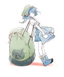  1girl backpack bag blue_eyes blue_hair boots hair_bobbles hair_ornament hat iwamoto_james kawashiro_nitori looking_at_viewer short_hair simple_background solo touhou twintails white_background 