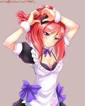  1girl arms_up blush breasts cleavage dated heart heart_hands highres looking_at_viewer love_live!_school_idol_project maid nishikino_maki redhead short_hair short_ponytail smile solo violet_eyes yu-ta 