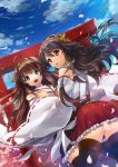  2girls back bare_shoulders black_legwear blue_sky brown_hair cherry_blossoms clouds detached_sleeves double_bun hair_ornament hairband haruna_(kantai_collection) headgear japanese_clothes kantai_collection kongou_(kantai_collection) long_hair looking_back multiple_girls nontraditional_miko open_mouth petals shimotsukiriya skirt sky smile thigh-highs torii 