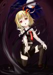  1girl :o blonde_hair darkness ex-rumia full_moon moon necktie night qbthgry red_eyes ribbon rumia short_hair skirt thigh-highs torn_clothes touhou vest zettai_ryouiki 