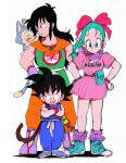  1girl 2boys :d belt belt_pouch black_hair blue_eyes bow braid bulma cat clothes_writing crossed_arms dragon_ball dress eye_contact full_body green_hair hair_bow hair_ribbon hands_on_hips long_hair looking_at_another monkey_tail multiple_boys open_mouth puar ribbon shoes simple_background sketch sleeveless smile sneakers socks son_gokuu spiky_hair staff standing tail wakame_(poly6) watch white_background wristband yamcha 