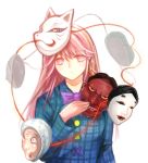 1girl bow bust expressionless fox_mask hata_no_kokoro highres long_hair long_sleeves looking_at_viewer mask noh_mask oni_mask pink_eyes pink_hair plaid plaid_shirt simple_background solo touhou white_background x&amp;x&amp;x 
