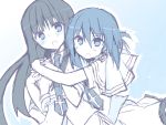  2girls highres hug kiminitokimeki multiple_girls necktie open_mouth partially_colored school_uniform subarashiki_hibi tachibana_kimika takashima_zakuro 