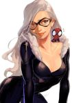  1girl black_cat_(marvel) bodysuit breasts chibi cleavage fur_trim green_eyes leaning_forward long_hair looking_at_viewer marvel mask realistic shishio simple_background skin_tight smile spider-man spider-man_(series) toned wavy_hair white_background white_hair 
