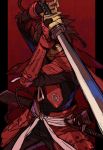  1boy arm_guards armor bridal_gauntlets brown_hair drifters ebira faulds hair_over_one_eye long_sleeves looking_at_viewer male one_eye_covered red rope sheath shimazu_toyohisa short_hair sketch solo standing sword weapon 