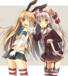  2girls amatsukaze_(kantai_collection) animal_ears bell brown_eyes brown_hair bunny_tail cat_ears cat_tail choker elbow_gloves fang garter_straps gloves hair_ornament hair_tubes hairband haruka_(reborn) kantai_collection kemonomimi_mode long_hair multiple_girls open_mouth pleated_skirt rabbit_ears school_uniform serafuku shimakaze_(kantai_collection) silver_hair simple_background skirt tagme tail tears thigh-highs two-tone_background two_side_up white_gloves zettai_ryouiki 
