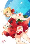  1girl ahoge blonde_hair casual dress fate/extra_ccc fate_(series) flower green_eyes puyue red_dress saber_extra solo sundress 