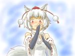  1girl animal_ears bare_shoulders benishouga_(honhonda) blush breasts detached_sleeves fingerless_gloves gloves hat inubashiri_momiji looking_at_viewer pom_pom_(clothes) red_eyes short_hair silver_hair solo tail tears tokin_hat touhou wavy_mouth wolf_ears wolf_tail 