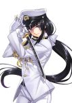  black_hair female_admiral_(kantai_collection) gloves hat kantai_collection long_hair looking_at_viewer matsuryuu mole naval_uniform peaked_cap ponytail revision smile sword translation_request very_long_hair violet_eyes wakizashi weapon white_gloves 