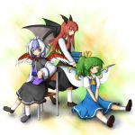  3girls :/ :o arm_support ascot bat_wings blue_dress blue_hair book book_stack bow chair crossed_legs daiyousei dress dress_shirt fairy_wings feathers green_hair hair_bow hands_on_lap head_wings holding holding_book horns ilk koakuma light_smile long_hair long_sleeves looking_at_viewer multicolored_hair multiple_girls orange_eyes puffy_short_sleeves puffy_sleeves red_eyes redhead ribbon shirt shoes short_hair short_sleeves side_ponytail simple_background sitting skirt skirt_set socks tokiko_(touhou) touhou two-tone_hair v_arms vest walking white_hair white_shirt wide_sleeves wings yellow_eyes yellow_ribbon 