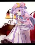  1girl book bow chair crescent_hair_ornament cup desk desk_lamp dress hair_ornament hair_ribbon hat letterboxed long_hair long_sleeves patchouli_knowledge picture_(object) purple_hair reading ribbon shoes sitting smile solo teacup teapot touhou tress_ribbon violet_eyes yukizumi_remon 