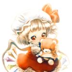  1girl blonde_hair colored_pencil_(medium) eyelashes flandre_scarlet graphite_(medium) hat hat_ribbon looking_at_viewer mob_cap red_eyes ribbon side_ponytail simple_background skirt skirt_set smile solo souri stuffed_animal stuffed_toy teddy_bear touhou traditional_media wings young 