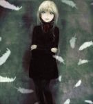  1girl android artist_request black_dress blonde_hair blue_eyes crossed_arms dress feathers grey grey_background long_hair looking_at_viewer original white_hair 