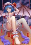  1girl ankle_ribbon arm_strap bat_wings blue_hair candle chemise hat hat_ribbon highres looking_at_viewer mob_cap red_eyes remilia_scarlet ribbon sitting solo thigh_strap touhou underwear underwear_only wings xiao_yinbie 