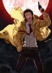  1boy adachi_tooru brown_eyes brown_hair fukusa full_moon gun hand_in_pocket moon necktie open_mouth persona persona_4 raincoat revolver short_hair solo spoilers trigger_discipline weapon 