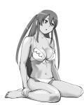  1girl :o bikini black_hair breasts captain_earth cleavage dark_skin frilled_bikini frills large_breasts long_hair midriff monochrome mutou_hana navel sitting solo swimsuit two_side_up ueyama_michirou 