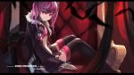  1girl aisha_(elsword) armchair artist_name bat black_legwear blurry chair character_name depth_of_field elsword light_smile looking_at_viewer navel purple_hair sitting smile solo swd3e2 tagme thigh-highs twintails violet_eyes zettai_ryouiki 