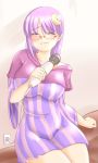  :3 alternate_costume bespectacled blush breasts closed_eyes contemporary crescent dress electric_socket glasses hair_ornament hairclip hitachi_magic_wand large_breasts long_hair massager patchouli_knowledge purple_hair reizou short_dress sitting striped touhou vertical_stripes 