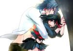  1boy 1girl black_hair blue_hair hug hug_from_behind kill_la_kill matoi_ryuuko mikisugi_aikurou nopo_(patter) open_clothes open_shirt short_hair skirt 