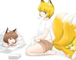  3girls alternate_costume animal_ears blonde_hair brown_hair cat_ears chen closed_eyes ear_piercing fang fox_tail jewelry multiple_girls nishishi open_mouth piercing seiza shirt short_hair short_sleeves shorts sighing single_earring sitting smile tail tail_hug touhou towel yakumo_ran yakumo_yukari yellow_eyes 