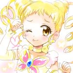  1girl :p arm_warmers blonde_hair blush choker cure_lemonade detached_sleeves drill_hair earrings eyelashes fingerless_gloves gloves happy hitopm jewelry kasugano_urara long_hair looking_at_viewer lowres magical_girl one_eye_closed precure shirt smile solo tongue tongue_out twintails yellow_eyes yellow_shirt yes!_precure_5 