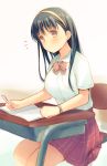  1girl black_hair brown_eyes desk long_hair original school_uniform sitting solo usashiro_mani 