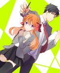  1boy 1girl black_hair black_legwear blazer bowtie brown_eyes gekkan_shoujo_nozaki-kun hair_ribbon kuriiro_benishi long_hair necktie nib_pen_(object) nozaki_umetarou orange_hair ribbon sakura_chiyo school_uniform short_hair thigh-highs violet_eyes zettai_ryouiki 