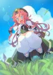  1girl aqua_eyes bell blue_sky braid china_dress chinese_clothes clouds crossed_arms fang grass hat hong_meiling long_hair morino_hon open_mouth pants puffy_short_sleeves puffy_sleeves redhead scarlet_devil_mansion shirt short_sleeves sky smile solo squatting star touhou twin_braids very_long_hair 