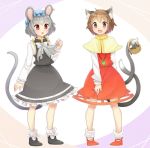  2girls accessories_switch animal_ears basket bow brown_eyes brown_hair capelet cat cat_ears cat_tail chen chestnut_mouth cosplay costume_switch dress ear_piercing fang gem grey_dress grey_hair ibarashiro_natou jewelry kitten long_sleeves mob_cap mouse_ears mouse_tail multiple_girls multiple_tails nazrin necklace open_mouth pendant piercing red_dress red_eyes shirt single_earring smile tail touhou 