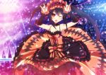  1girl \m/ armpits arms_up bare_shoulders black_hair breasts bubble cleavage date_a_live hairband highres lolita_fashion lolita_hairband long_hair looking_at_viewer one_eye_closed red_eyes ribbon solo tokisaki_kurumi twintails uiu 