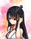  1girl azuuru_(azure0608) bare_shoulders black_hair detached_sleeves fusou_(kantai_collection) hair_ornament japanese_clothes kantai_collection long_hair miko personification red_eyes solo 