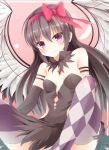  1girl akemi_homura akuma_homura argyle argyle_legwear bare_shoulders black_dress black_gloves black_hair blush bow breasts choker dress elbow_gloves feathered_wings gloves hair_bobbles hair_bow hair_ornament jewelry long_hair looking_at_viewer mahou_shoujo_madoka_magica mahou_shoujo_madoka_magica_movie pen-zin pendant pink_background revealing_clothes simple_background smile solo spoilers spread_legs thigh-highs very_long_hair violet_eyes wings zettai_ryouiki 