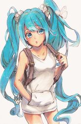  1girl aqua_eyes aqua_hair backpack bag gon_(gororingo) hand_in_pocket hatsune_miku long_hair marker_(medium) scrunchie solo traditional_media twintails very_long_hair vocaloid 