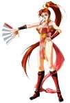  1girl 90s breasts fatal_fury king_of_fighters large_breasts long_hair looking_at_viewer official_art oobari_masami panties ponytail redhead revealing_clothes shiranui_mai sideboob simple_background smile thong underwear 
