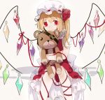  1girl doll_hug dress eyepatch flandre_scarlet hat hat_ribbon leg_ribbon looking_at_viewer mob_cap red_(girllove) red_dress red_eyes ribbon short_sleeves side_ponytail sitting smile solo stuffed_animal stuffed_toy teddy_bear touhou wing_ribbon wings 