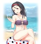  1girl ball beach beachball bikini black_hair hairband kumokawa_seria long_hair shin_(highest1192) sitting sky solo swimsuit to_aru_majutsu_no_index violet_eyes water 