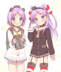  2girls :/ :d alternate_costume alternate_hairstyle amatsukaze_(kantai_collection) amatsukaze_(kantai_collection)_(cosplay) asymmetric_gloves binoculars choker garter_straps gloves hair_ornament hair_tubes hairband hiiragi_kagami hiiragi_tsukasa holding kantai_collection long_hair lucky_star multiple_girls open_mouth panties purple_hair school_uniform serafuku short_hair simple_background smile star starry_background striped striped_legwear tagme two_side_up underwear usashiro_mani violet_eyes white_gloves yukikaze_(kantai_collection) yukikaze_(kantai_collection)_(cosplay) 