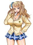  1girl asymmetrical_hair blonde_hair blue_eyes blush breasts cleavage cowboy_shot ear_studs earrings full-face_blush gyaru-ko hair_bun hair_twirling hand_on_hip jewelry kogal large_breasts long_hair one_side_up open_mouth original oshiete!_gyaru-ko-chan plaid plaid_skirt school_uniform scrunchie skirt solo sweatdrop xyz_(kamikazejap) 