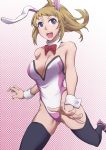  1girl adapted_costume animal_ears blue_eyes bowtie brown_hair bunnysuit detached_collar gundam gundam_build_fighters gundam_build_fighters_try hoshino_fumina long_hair ponytail rabbit_ears thigh-highs tyotyotyori wrist_cuffs 