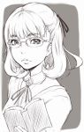  1girl book character_request face glasses hair_ribbon ina_(gokihoihoi) lips monochrome open_book over-rim_glasses reading ribbon semi-rimless_glasses short_hair sketch solo 