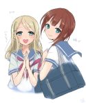  2girls ayase_arisa blue_eyes blush brown_hair hands_together kousaka_yukiho long_hair looking_at_viewer love_live!_school_idol_project multiple_girls pisuke school_uniform serafuku short_hair signature smile white_background 