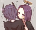  2girls black_gloves blush bust cardigan from_behind gloves grey_background heart kantai_collection mechanical_halo multiple_girls no_nose purple_hair short_hair surprised tatsuta_(kantai_collection) tenryuu_(kantai_collection) twitter_username violet_eyes you-1110 