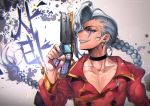  braid character_request earrings facial_mark ghost_messenger grin gun jewelry kawacy male smile weapon 