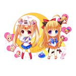  2girls ahoge aino_minako animal_ears artemis_(sailor_moon) bishoujo_senshi_sailor_moon blonde_hair cameo cat_ears cat_tail chibi double_bun elbow_gloves gloves grandia_(artist) hair_bun heterochromia long_hair luna_(sailor_moon) multiple_girls red_eyes sailor_moon sailor_venus school_uniform serafuku signature simple_background tail translation_request triangular_headpiece tsukino_usagi twintails very_long_hair white_background white_gloves 