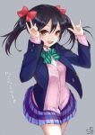  1girl \m/ black_hair bow hair_bow love_live!_school_idol_project open_mouth pisuke plaid plaid_skirt red_eyes school_uniform short_hair short_twintails signature skirt solo sweater twintails yazawa_nico 