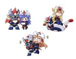  3girls akou_roushi blonde_hair blue_hair brown_hair female gre-chan great_mazinger great_mazinger_(robot) grenda-san grendizer handheld_game_console long_hair mazinger_z mazinger_z_(mecha) mecha multiple_girls personification robot robot_girls_z smile ufo_robo_grendizer z-chan 