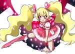  1girl blonde_hair boots choker cure_peach dress earrings eyelashes fighting_stance fresh_precure! frilled_dress frills hair_ornament haru_(nature_life) heart heart_hair_ornament jewelry knee_boots kneehighs long_hair looking_at_viewer magical_girl momozono_love open_mouth pink_dress pink_eyes precure serious solo twintails wrist_cuffs 