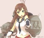  &gt;:o 1girl :o anchor_symbol bare_shoulders braid brown_hair cannon gloves green_eyes kantai_collection looking_at_viewer machinery midriff navel necktie no_nose noshiro_(kantai_collection) solo turret twin_braids twitter_username white_gloves you-1110 