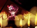  absurdres alpha.e ascot bat_wings blurry brooch candle candlelight depth_of_field dress expressionless facing_viewer flame flower grand_piano hat hat_flower hat_ribbon highres instrument jewelry looking_down messy_hair mob_cap piano playing_instrument purple_hair red_eyes remilia_scarlet ribbon touhou wings 